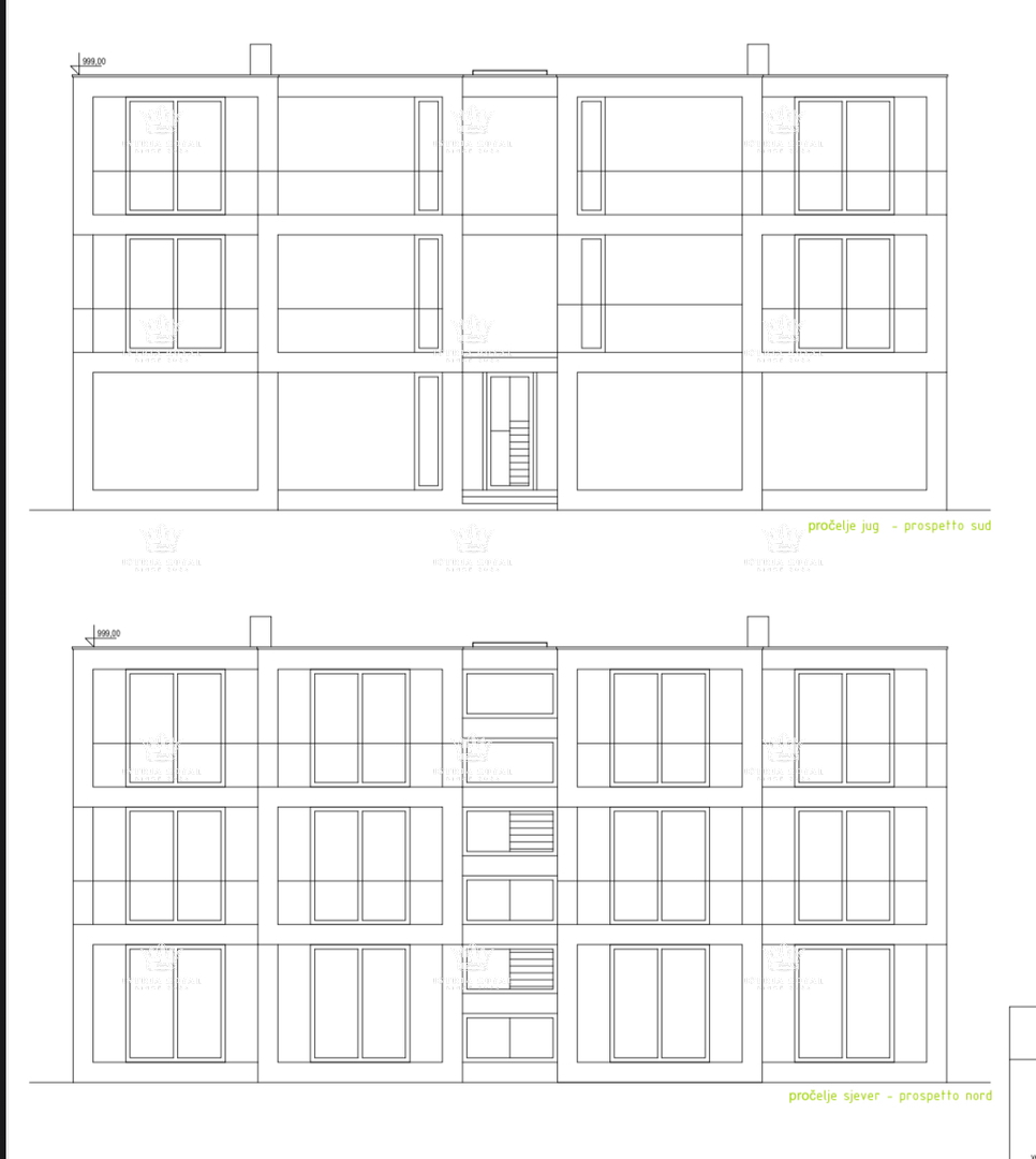 Istra, Murine, gradbeno zemljišče 900 m2, projekt za 6 stanovanj, gradbeno dovoljenje, 9 parkirnih mest