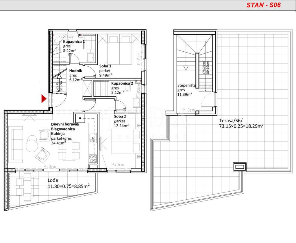 Dvosobno stanovanje z ložo in strešno teraso