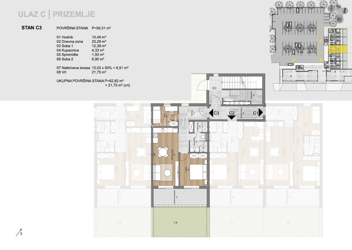 Labin, center - 2S+DB z vrtom, 62,82 m2 + 21,75 m2