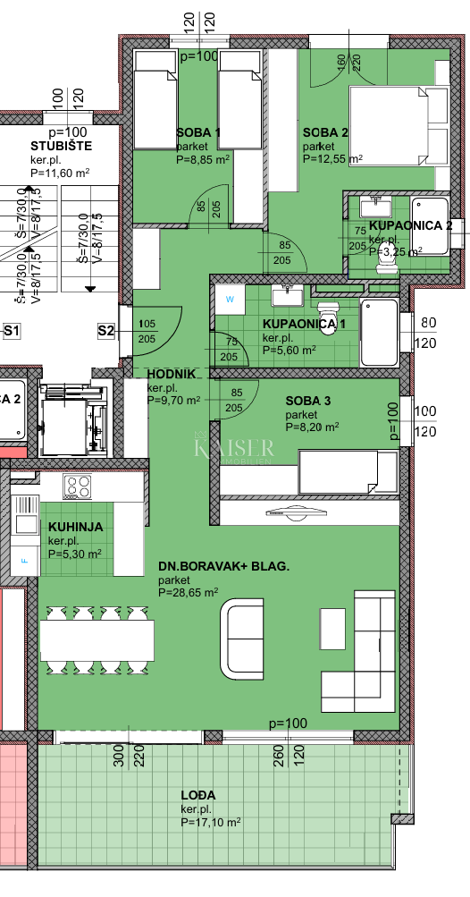 Makarska - Prostorno trisobno stanovanje z veliko ložo v novogradnji 800m od morja