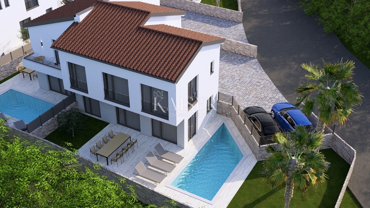 Otok Krk, Malinska - dvojna hiša 100m2, pogled na morje