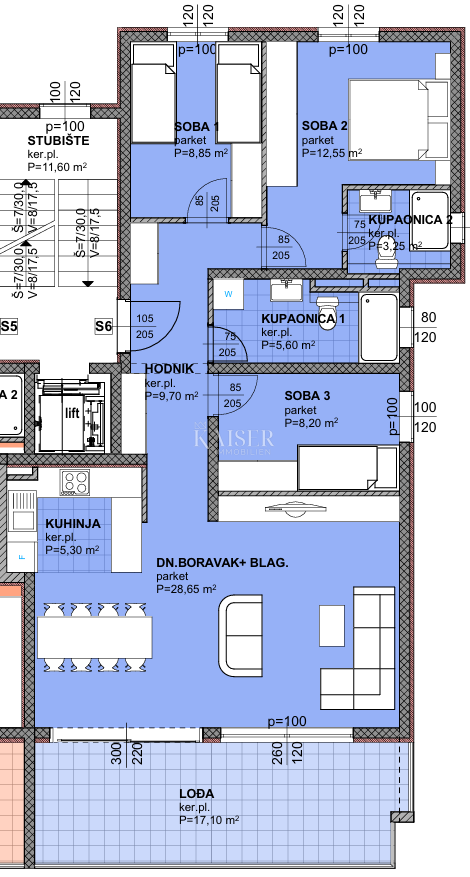Makarska - Prostorno trisobno stanovanje z veliko ložo v novogradnji 800m od morja