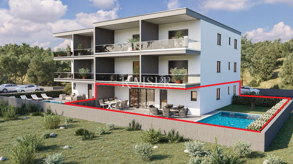 Istra, Novigrad - luksuzno trisobno stanovanje z dnevno sobo, 108 m2, v pritličju, z bazenom