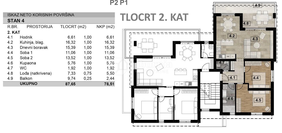 Krk, Malinska. Stanovanje v 2. nadstropju + stanovanje v pritličju z vrtom.