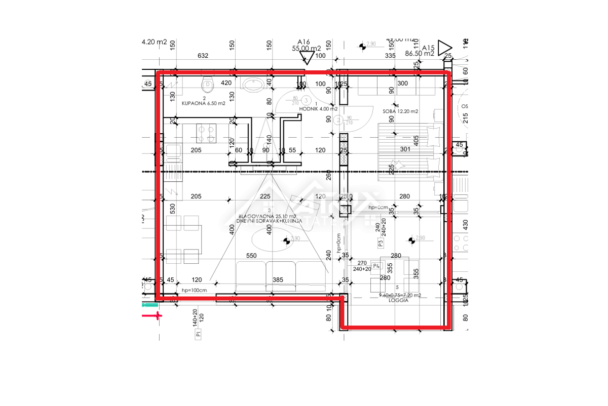Pula, enosobna stanovanja z ložo 54–55 m²