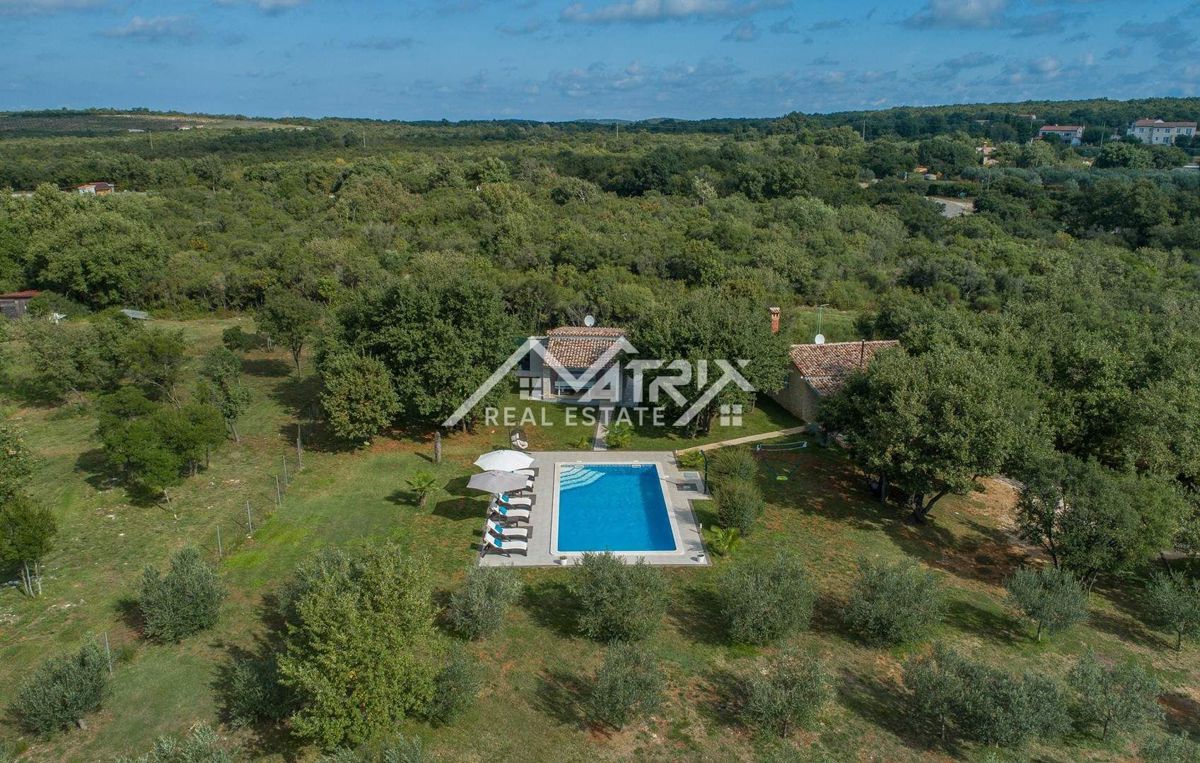 Rovinj okolica, posestvo z dvema hišama, bazen in pogled na morje