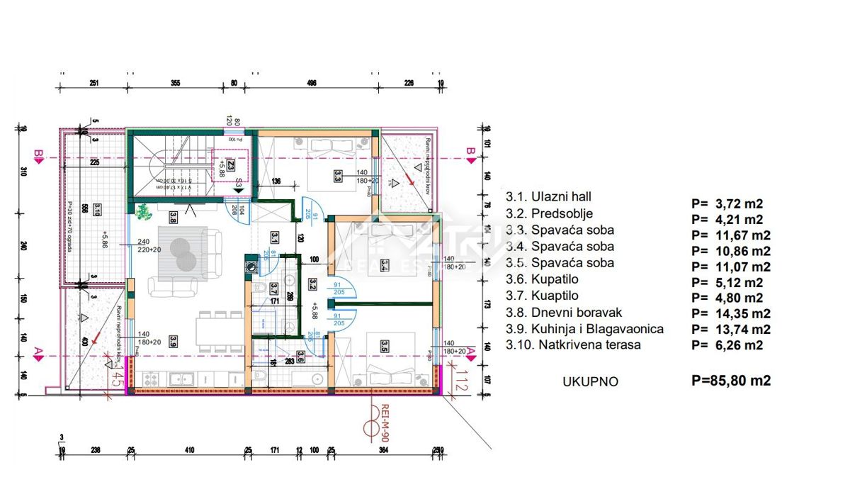 Medulin, Trisobno stanovanje s teraso, garažo in blizu morja
