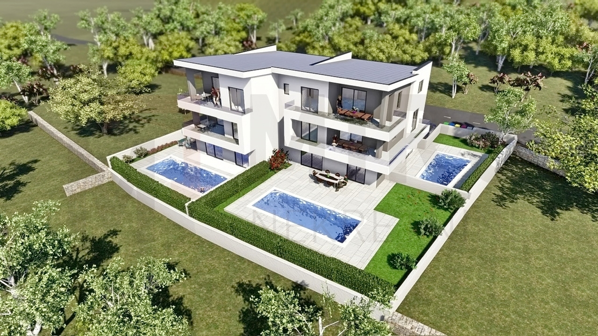 Malinska, moderno stanovanje v gradnji v 1. nadstropju z bazenom, PRODAJA!
