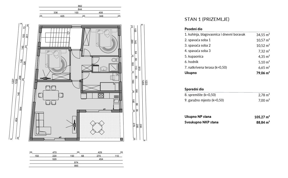 Šibenik, Crnica - Trosobno stanovanje S1 z garažo