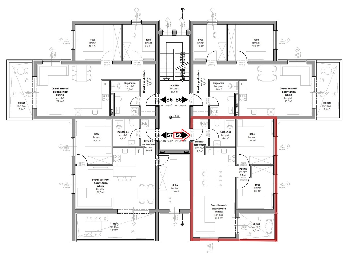 Vodice - predprodaja - dvosobno stanovanje S8 v prvem nadstropju.