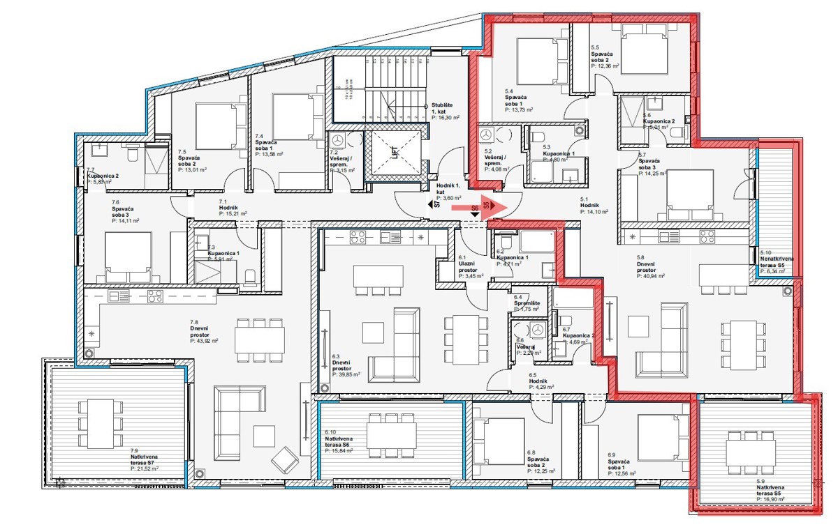 Vodice - Komfortno stanovanje S5 s tremi spalnicami, pogled na morje, prvo nadstropje