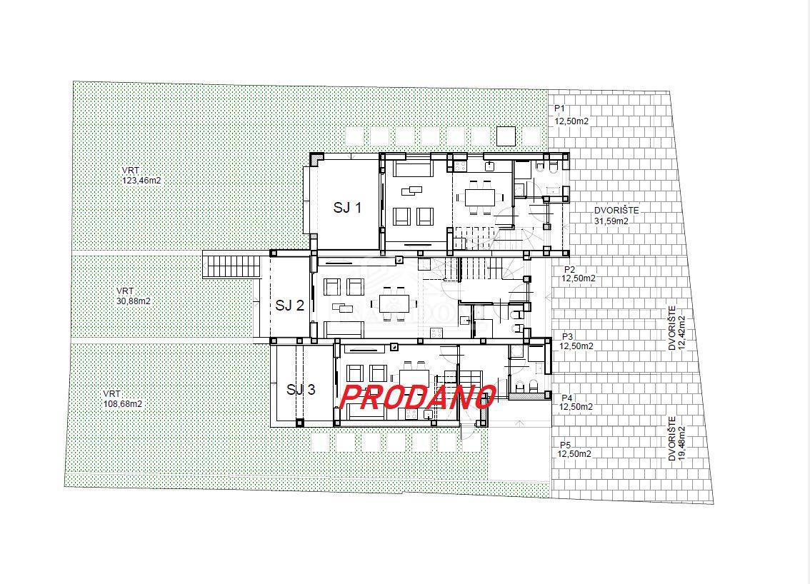 Vodice - **NOVOGRADNJA** dvoetažni stanovi s vrtom, 300 m od plaže