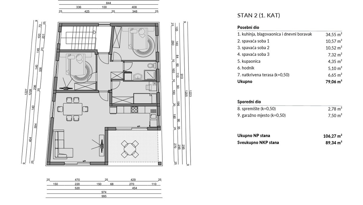 Šibenik, Crnica - Trosobno stanovanje S1 z garažo