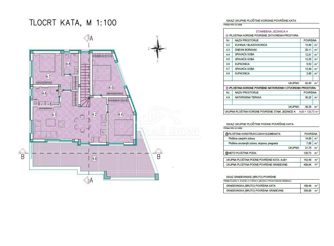 Vodice - **NOVOGRADNJA** S4 stan s tremi spalnicami, pogled na morje, 500 m od plaže