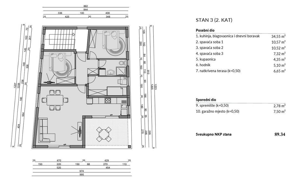Šibenik, Crnica - Trosobno stanovanje S3 z garažo