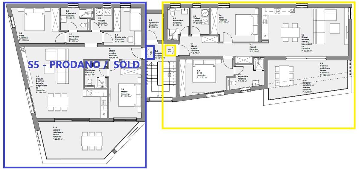 Vodice - Stanovanje S6 v drugem nadstropju z razgledom na morje