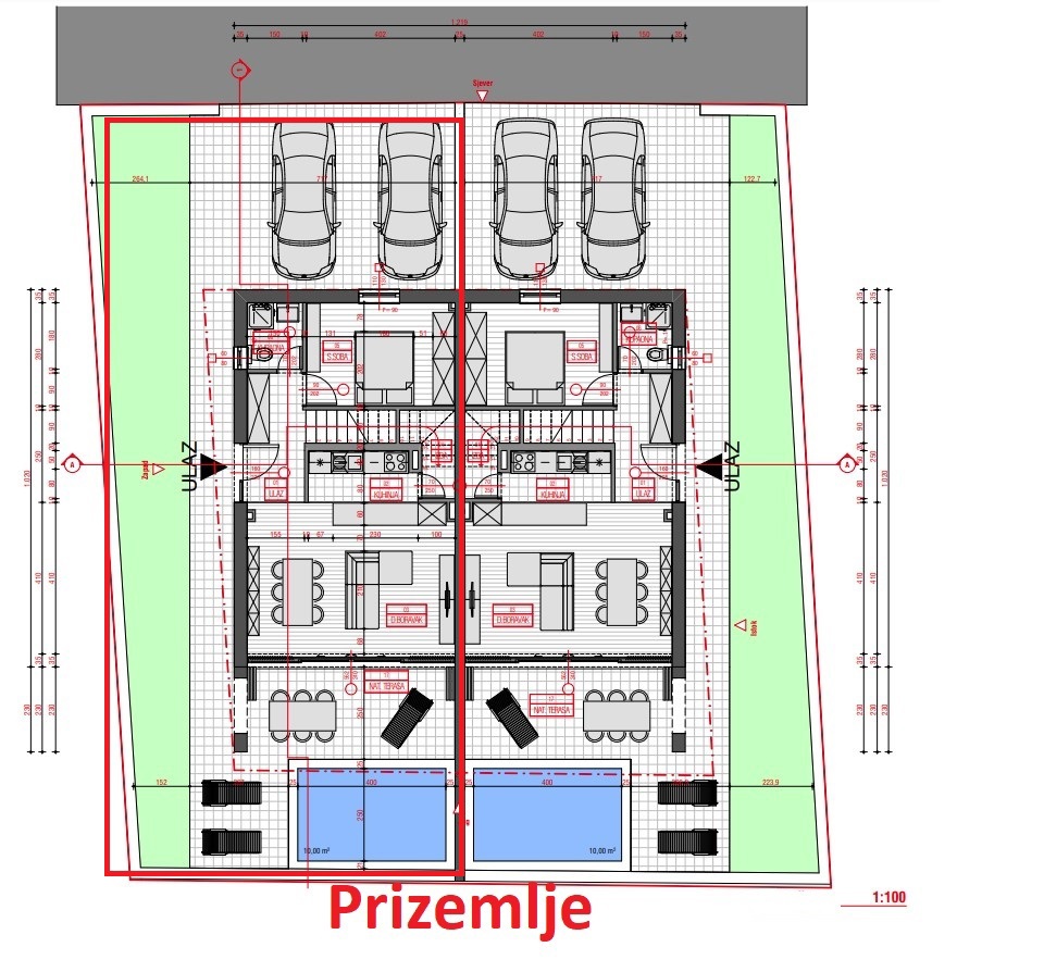 Vodice - dvojna hiša s bazenom, 550 m do centra