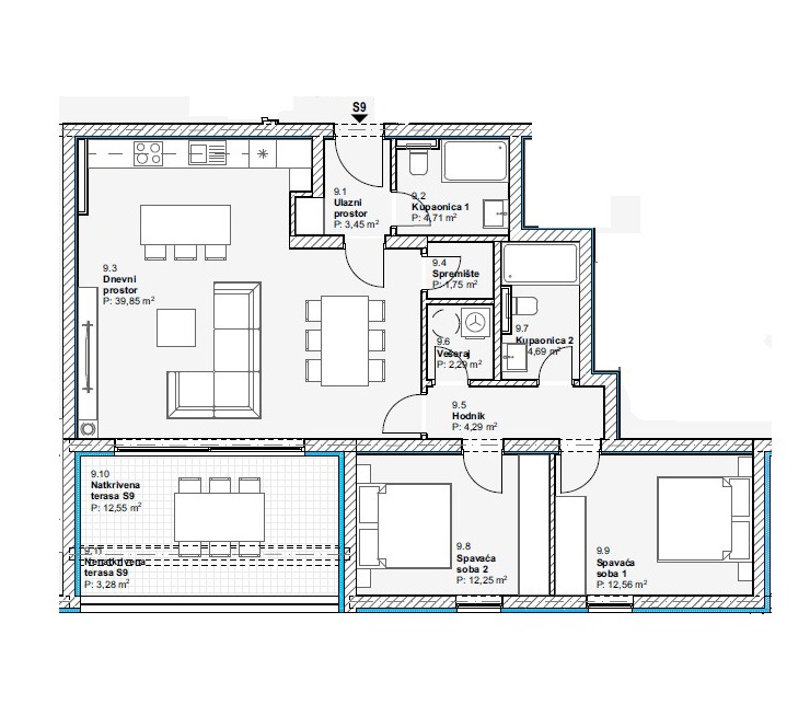 Vodice - Luksuzno stanovanje S9 z dvema spalnicama, dvigalo, pogled na morje, drugo nadstropje