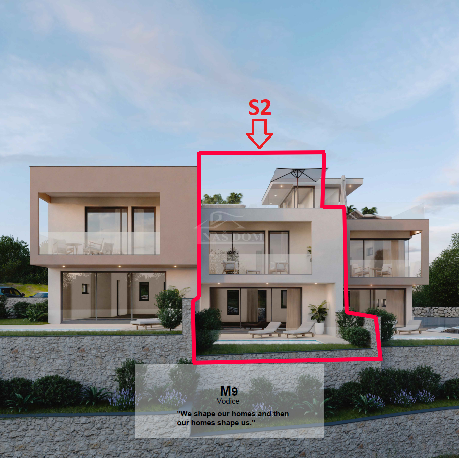 Vodice - **NOVOGRADNJA** S2 hiša z bazenom, strešna terasa, pogled na morje