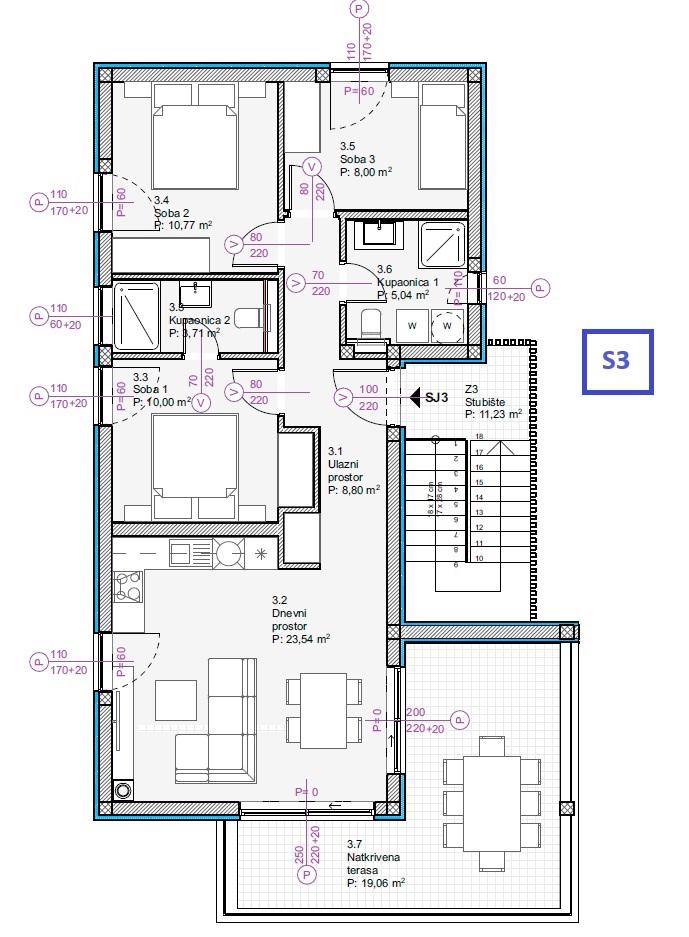 Vodice - Luksuzno stanovanje S3 s panoramskim pogledom na morje, 300 m od plaže