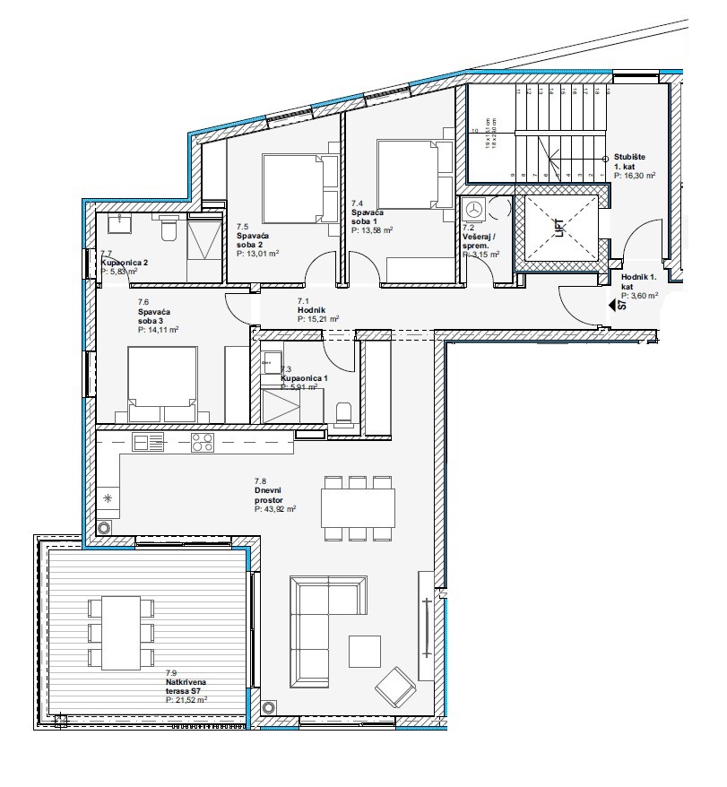 Vodice - Luksuzno stanovanje S7 s tremi spalnicami, pogled na morje, prvo nadstropje