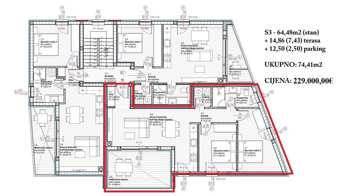 Vodice - Dvosobno stanovanje S6 v drugem nadstropju, 900 m od plaže