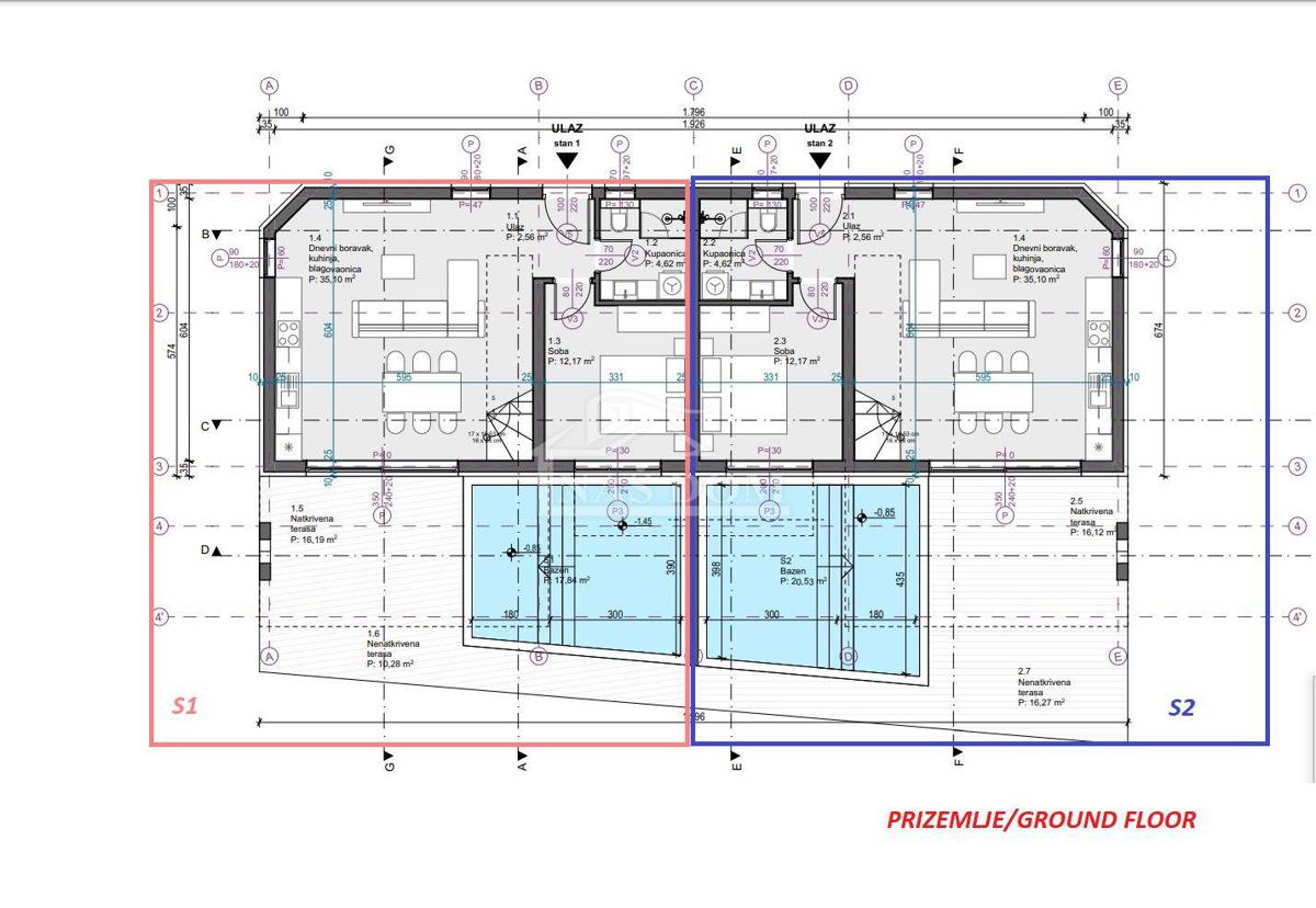 Vodice - Dvojna kuća S1, s bazenom, pogled na more, 550 m od plaže