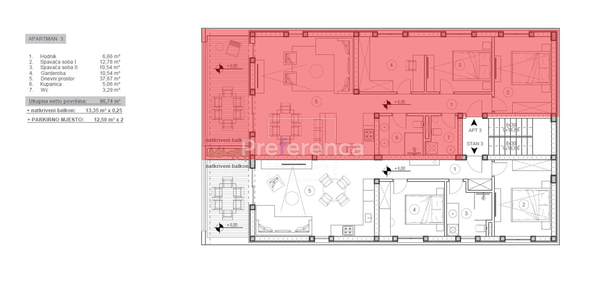 Novalja - trisobno stanovanje v drugem nadstropju