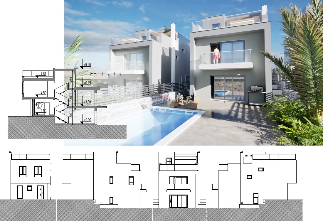 Ekskluzivni projekt! Moderna vila s strešno teraso in bazenom, Primoštenu