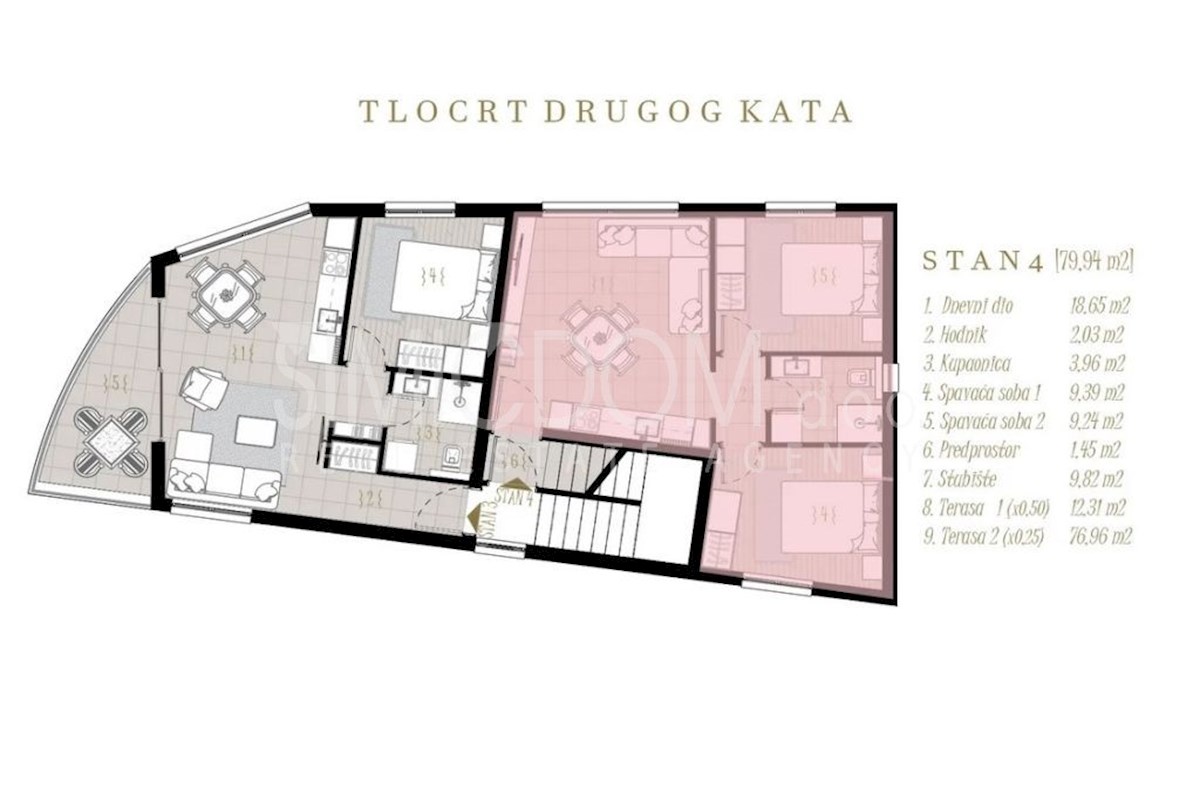 Dvosobno stanovanje s strešno teraso, Podstrana
