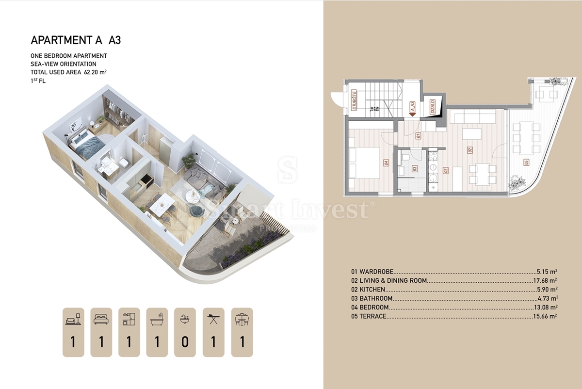OPATIJA - CENTER, luksuzno 1-sobno stanovanje s teraso