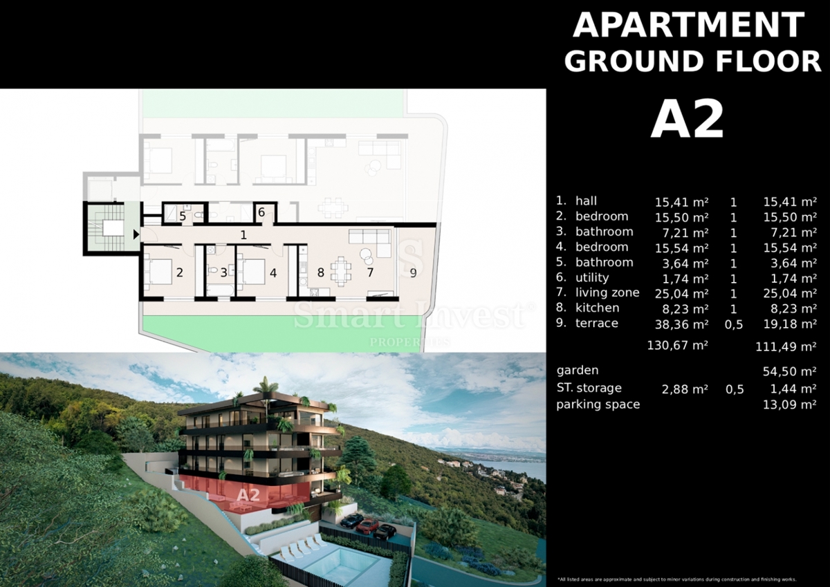 IČIĆI, stanovanje z vrtom in pogledom na morje v novogradnji z garažo
