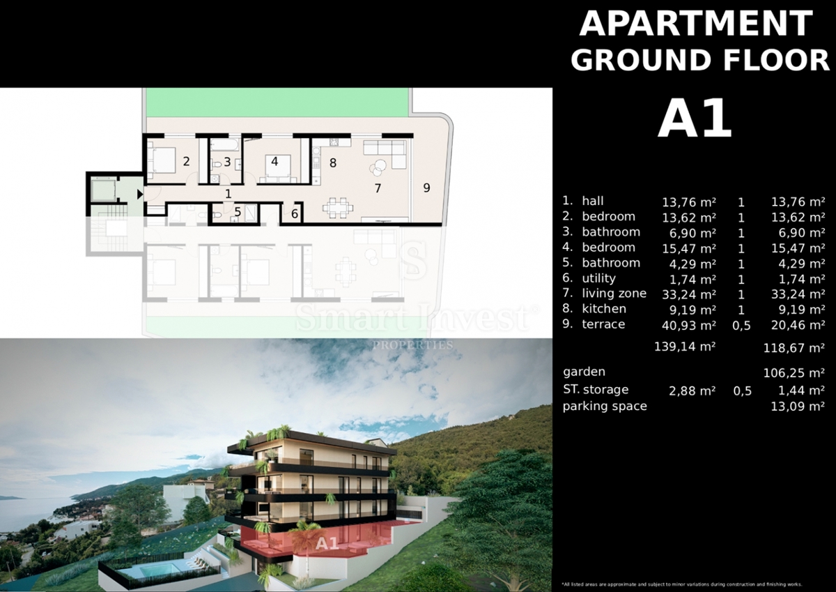 IČIĆI, 2-sobno stanovanje z vrtom in pogledom na morje v novogradnji z garažo