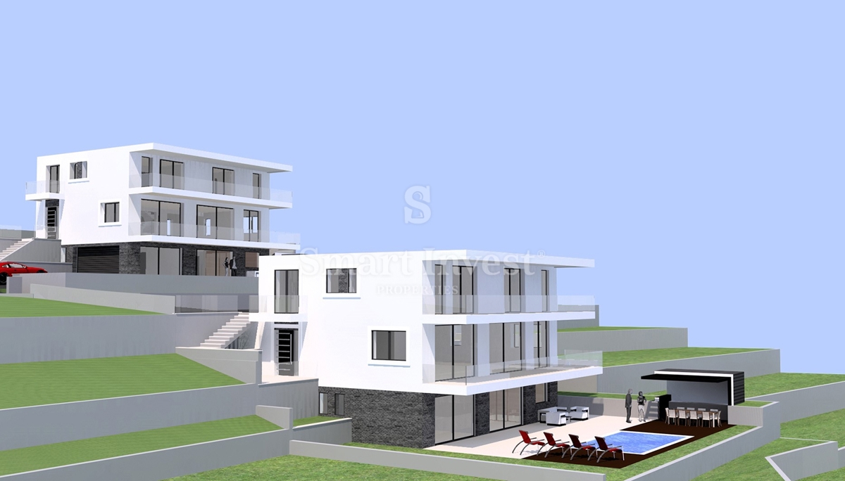 IČIĆI - POLJANE, zemljišče z gradbenim dovoljenjem za 3 vile z bazeni