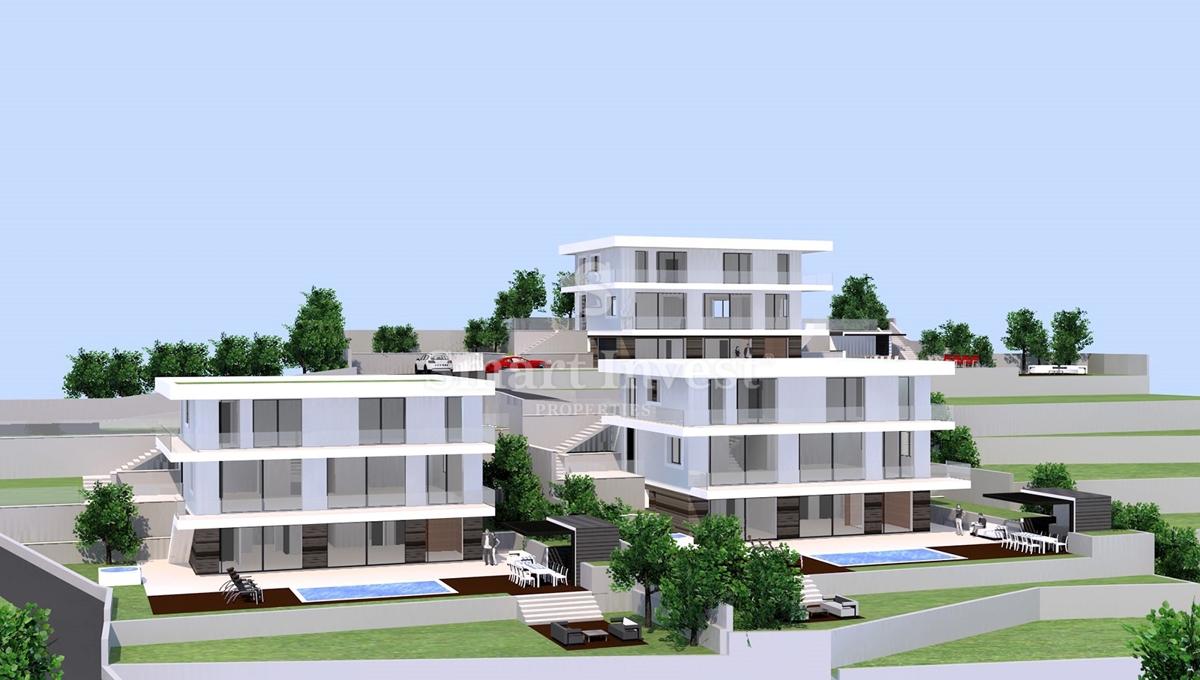 IČIĆI - POLJANE, zemljišče z gradbenim dovoljenjem za 3 vile z bazeni