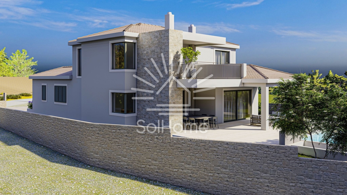 Družinska vila z bazenom in panoramskim pogledom na morje v bližini Zadra