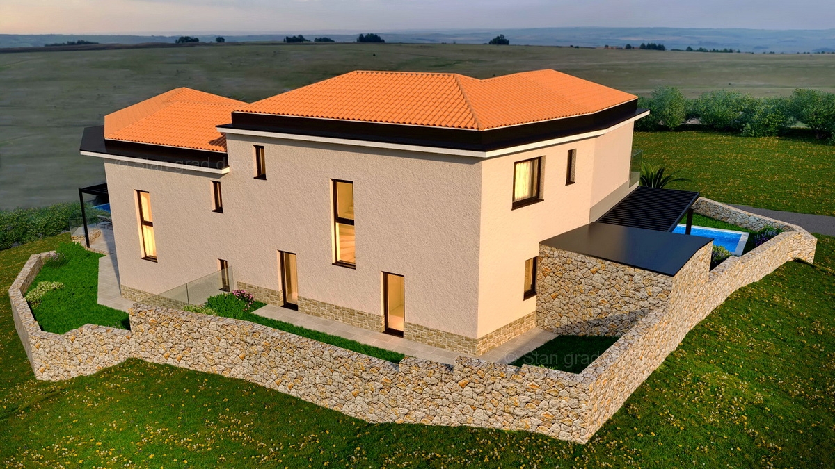 Vrbnik, novogradnja, moderna hiša dvojček z bazenom in pogledom na morje