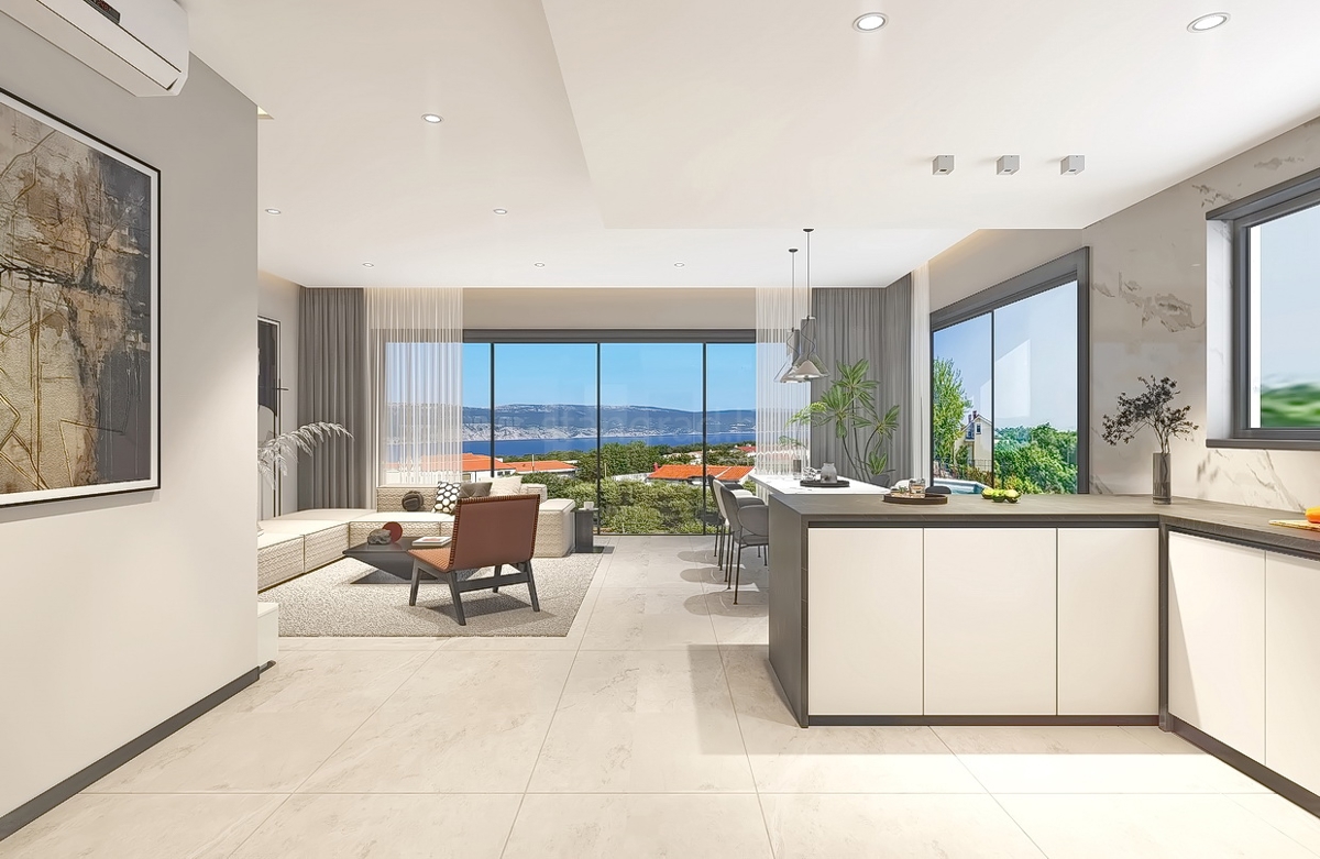 Krk, okolica, novogradnja, moderna hiša z bazenom in razgledom