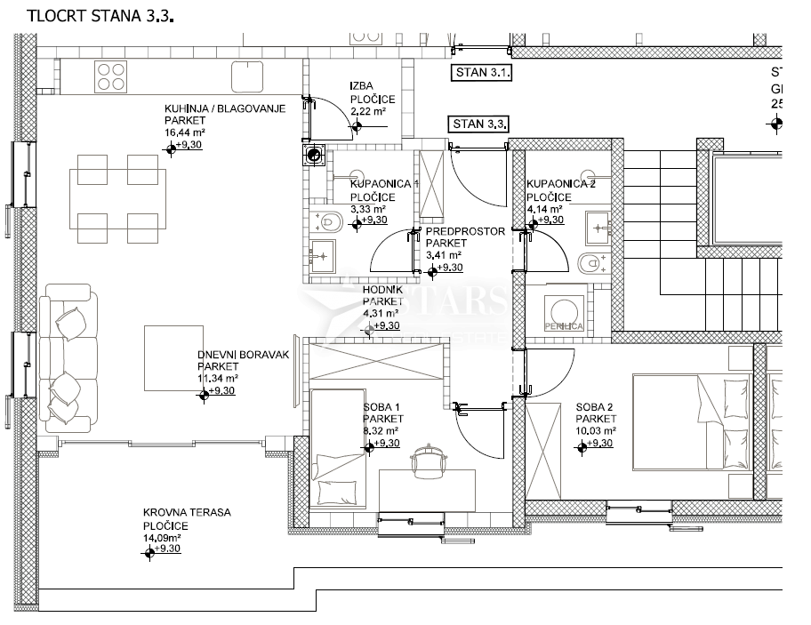 OTOK CRES, GRAD CRES – 2 spalnice + dnevna soba, tretje nadstropje, rhunska novogradnja v strogem centru, 50 m od morja