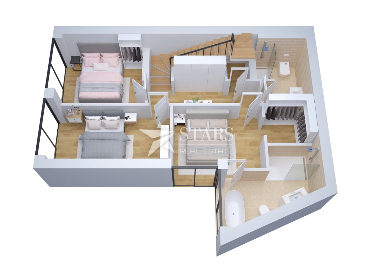 Krk, Brzac – Moderna dvojna vila z bazenom, strešno teraso in pogledom na morje