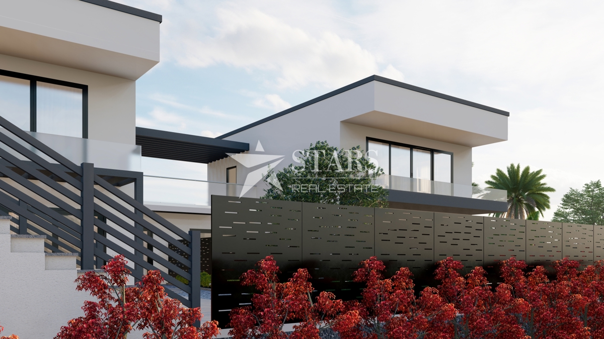 Krk, Brzac – Moderna dvojna vila z bazenom, strešno teraso in pogledom na morje