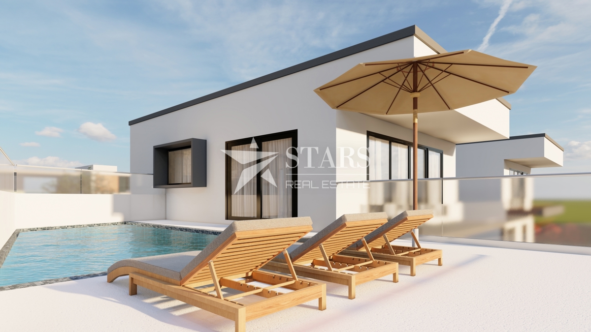 Krk, Brzac – Moderna dvojna vila z bazenom, strešno teraso in pogledom na morje