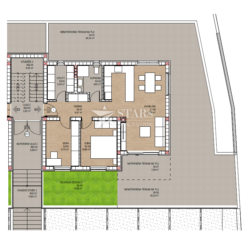 VIŠKOVO, DONJI JUGI – NOVA GRADNJA, stanovanje S4 2S+DS z vrtom in teraso v pritličju