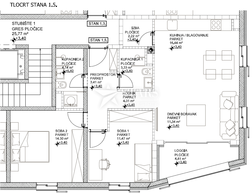 OTOK CRES, GRAD CRES – 2 spalnice + dnevna soba, Prvo nadstropje, rhunska novogradnja v strogem centru, 50 m od morja