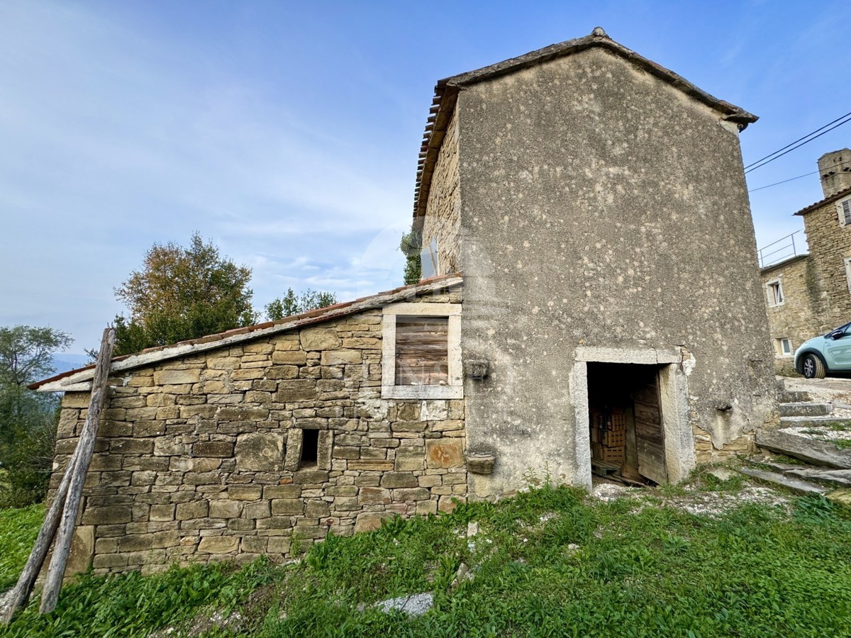 OKOLICA MOTOVUNA - SAMOSTOJEČA KAMNITA STAREŠČINA S POGLEDOM NA MOTOVUN IN GLAVNIM PROJEKTOM ZA OBNOVO