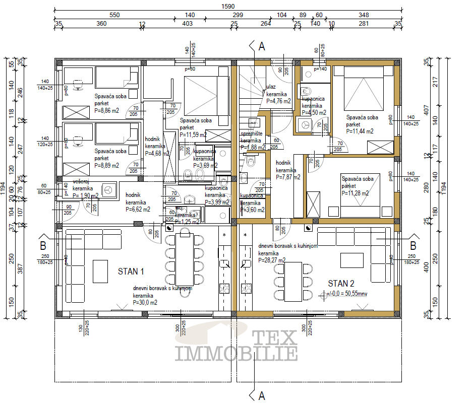 Stanovanje z 2 spalnicama in zasebnim vrtom velikosti 100 m²