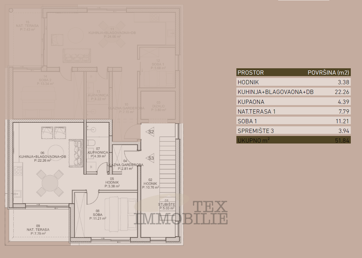 Sodobno stanovanje v prvem nadstropju z eno spalnico in pokrito teraso