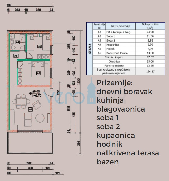 Otok Krk, Omišalj, Apartma v pritličju s pogledom na morje in bazenom 170 m od morja, prodaja