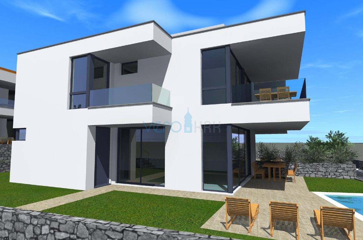 Otok Krk, Malinska, moderna dvojna hiša s bazenom, vrt, razgled, prodaja