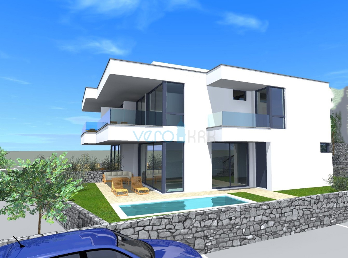 Otok Krk, Malinska, moderna dvojna hiša s bazenom, vrt, razgled, prodaja